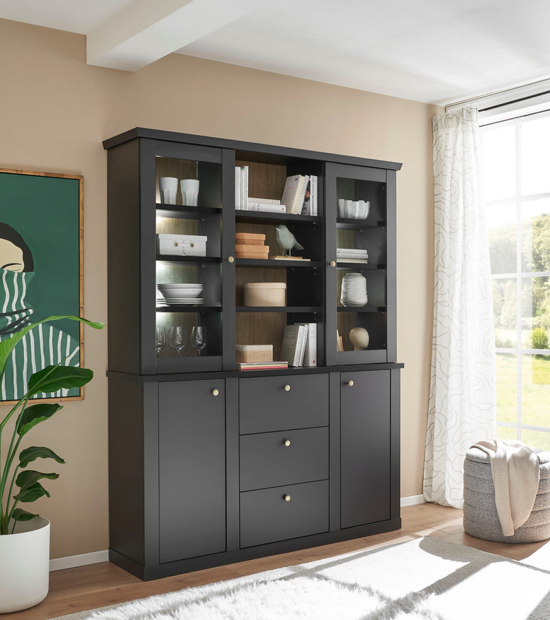 Bufet vitrina Lincoln cu design elegant negru 158 cm lățime