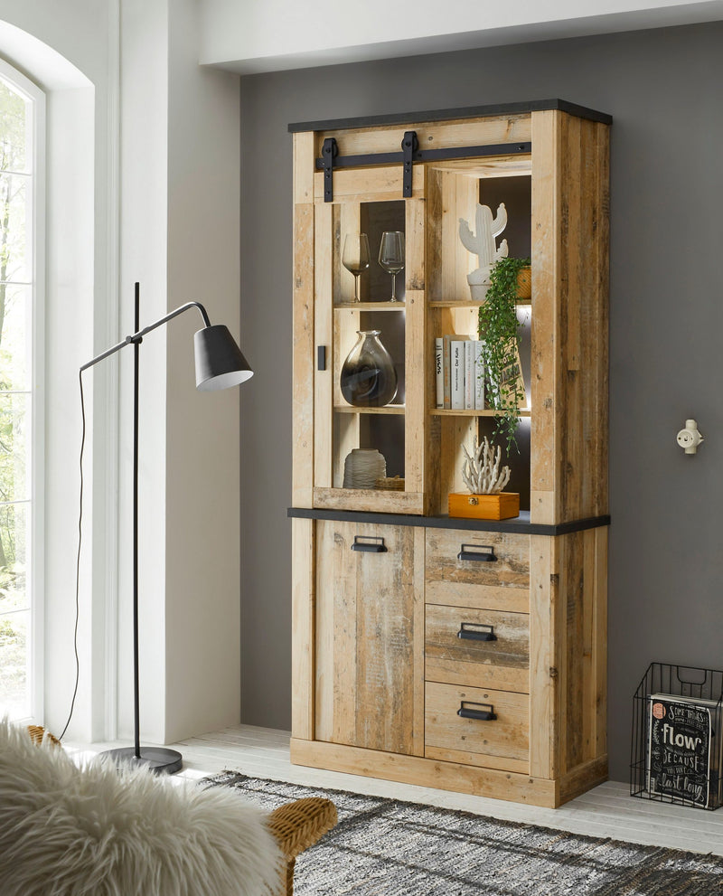 Bufet vitrină »SHERWOOD« cu aspect de lemn, cu usi tip hambar, latime 93 cm - LunaHome.ro