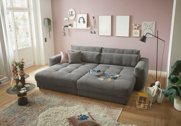 Canapea BigSofa Barura gri din pluș cu aspect reiat, 292 cm