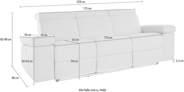 Canapea Kilado gri cu functie electrica de recliner, LED si USB 229 cm