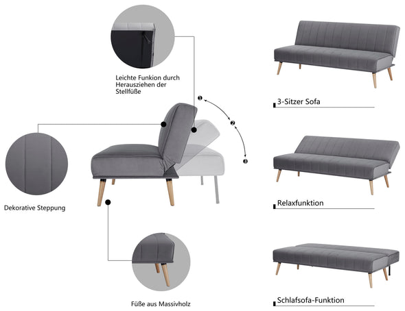 Canapea Lumiara gri extensibila cu 3 locuri 180 cm lungime