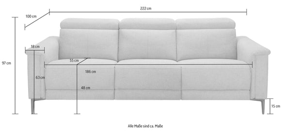 Canapea Lund cu 3 locuri, 2 reglabile manual, piele eco crem, 222 cm - LunaHome.ro