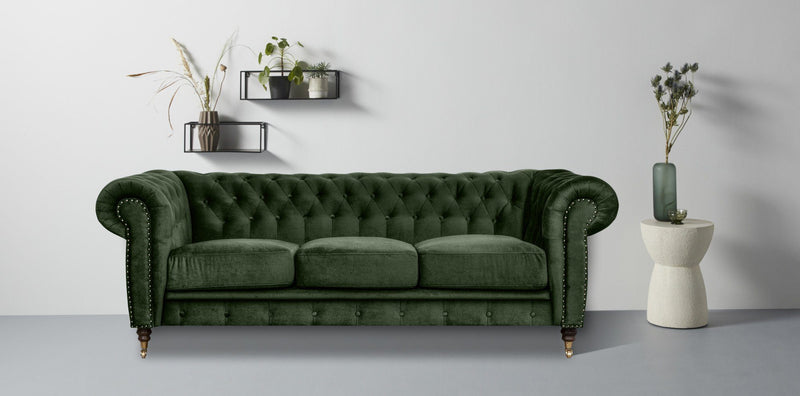 Canapea Chesterfield Monnecove cu 3 locuri din catifea verde, 214 cm - LunaHome.ro