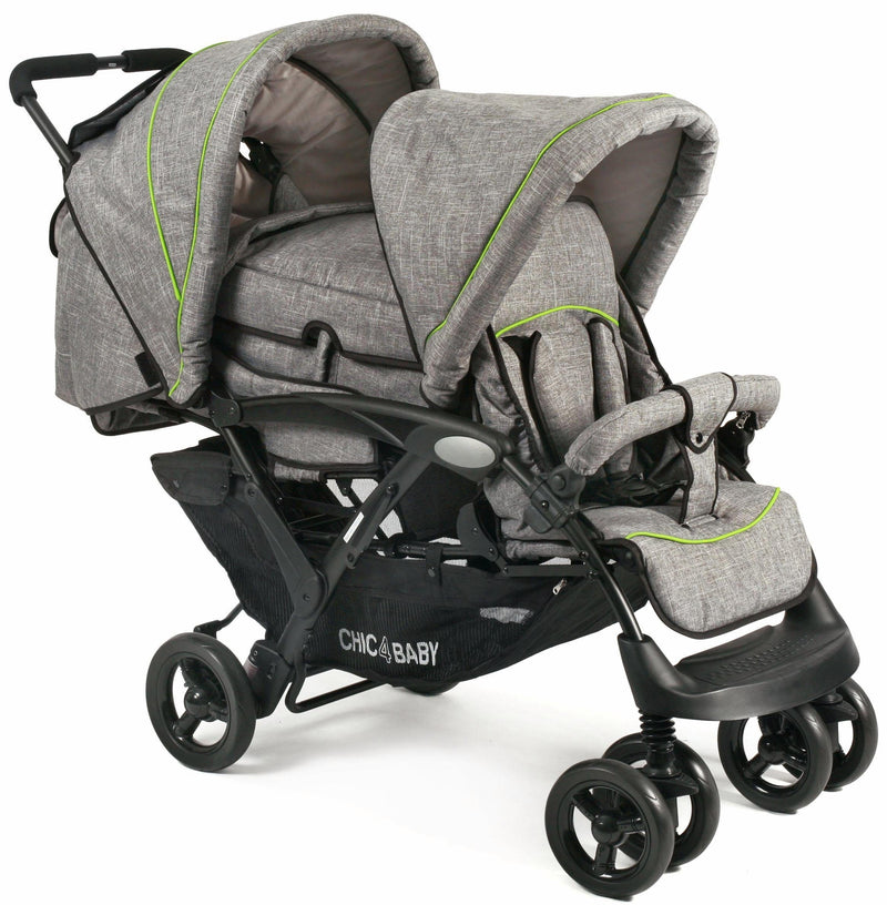 Cărucior pentru frați CHIC4BABY Duo gri cu roți pivotante duble blocabile - LunaHome.ro