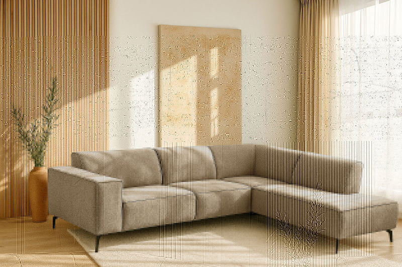 Colțar Lorcan fix cu sezlong pe dreapta, tapiterie moale taupe 210x275 cm - LunaHome.ro