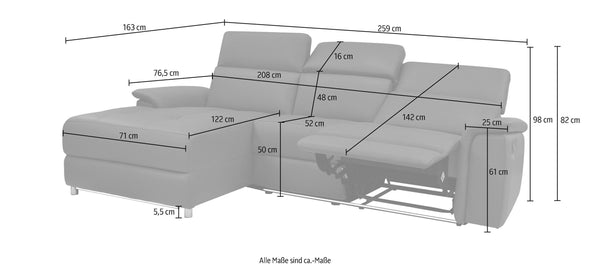 Colțar Pareli crem cu recliner electric, LED si USB 259 cm