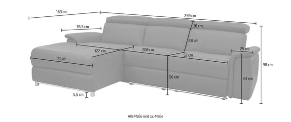 Colțar Pareli crem cu recliner electric, LED si USB 259 cm