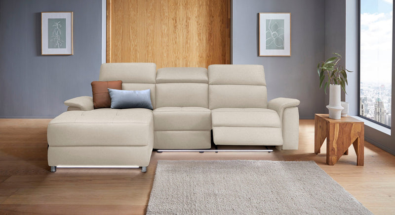 Colțar Pareli crem cu recliner electric, LED si USB 259 cm - LunaHome.ro
