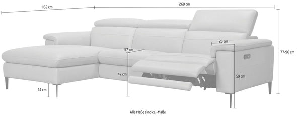 Colțar Sacramento din piele gri cu reglaj electric si tetiere reglabile 260x162 cm - LunaHome.ro