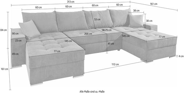 Colțar U-form Josy extensibil cu depozitare din pluș antracit 313x161 cm - LunaHome.ro