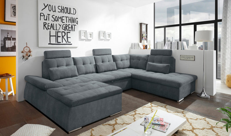Colțar U-form Nalo cu tapiterie gri extensibil, tetiere detasabile, 324 cm - LunaHome.ro