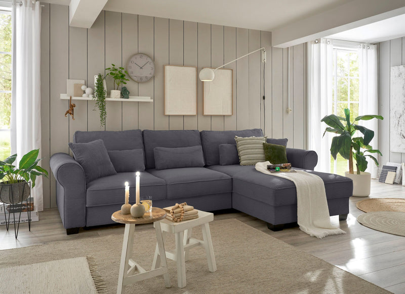 Colțar extensibil Angelina din pluș gri cu perne 318x197 cm - LunaHome.ro