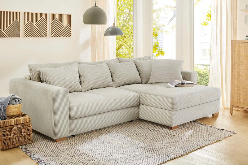 Colțar extensibil Kampen cu depozitare din pluș gri-bej 288x186 cm - LunaHome.ro