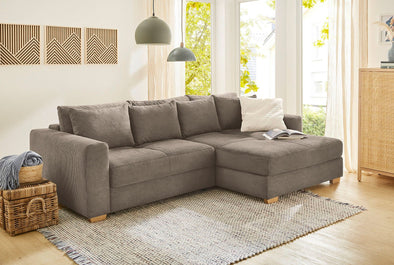 Colțar extensibil Kampen cu depozitare din pluș taupe 288x186 cm - LunaHome.ro