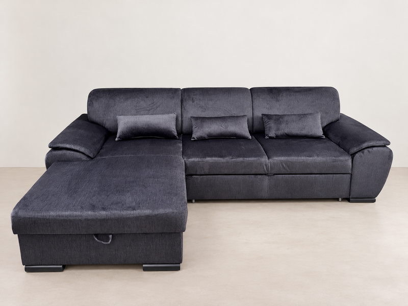 Colțar extensibil Marisa cu ladă si perne decorative negru 282x173 cm