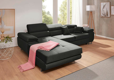 Colțar extensibil cu lada si tetiere reglabile, tapiterie gri inchis 203x275 cm