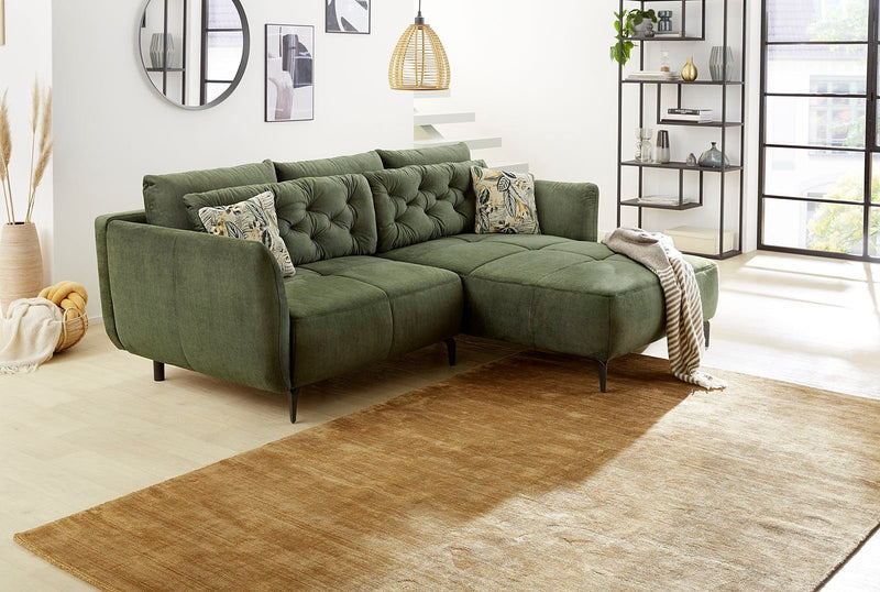 Colțar fix reversibil Salo verde cu perne decorative 251x187 cm - LunaHome.ro