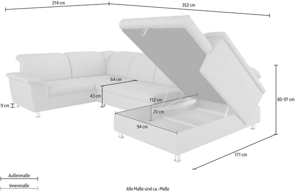 Colțar in forma de U Franzi gri extensibil cu depozitare 352x214 cm
