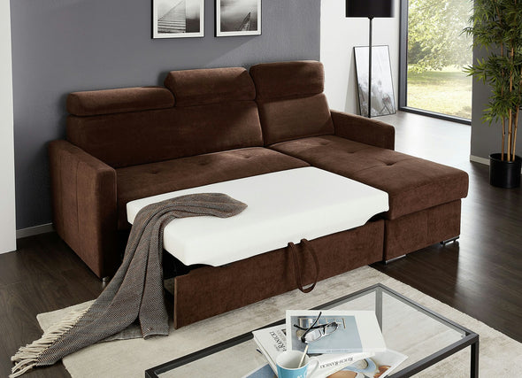 Colțar maro extensibil cu depozitare si tetiere reglabile 213x165 cm - LunaHome.ro
