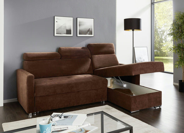 Colțar maro extensibil cu depozitare si tetiere reglabile 213x165 cm - LunaHome.ro
