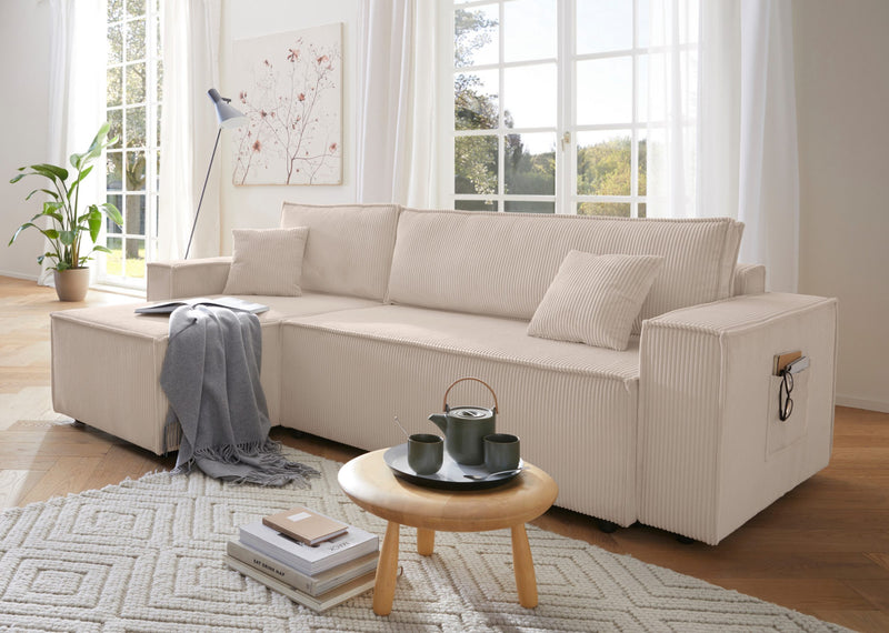 Coltar Cassi din catifea crem extensibil cu depozitare 146x241 cm