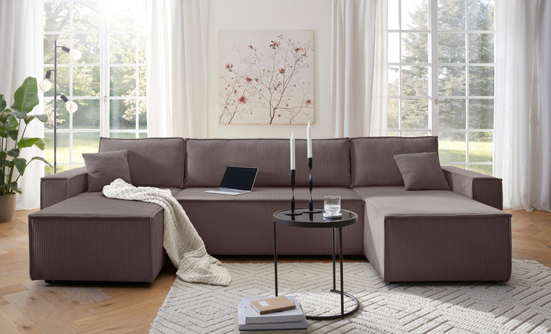 Coltar Cassi din catifea taupe extensibil cu depozitare 311x146 cm