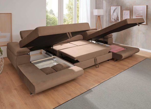 Coltar extensibil cu 2 lăzi, tetiere reglabile maro deschis 203x350 cm - LunaHome.ro