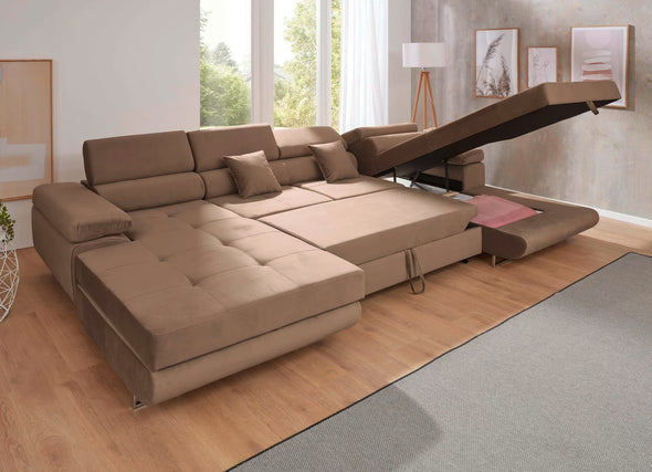 Coltar extensibil cu 2 lăzi, tetiere reglabile maro deschis 203x350 cm - LunaHome.ro