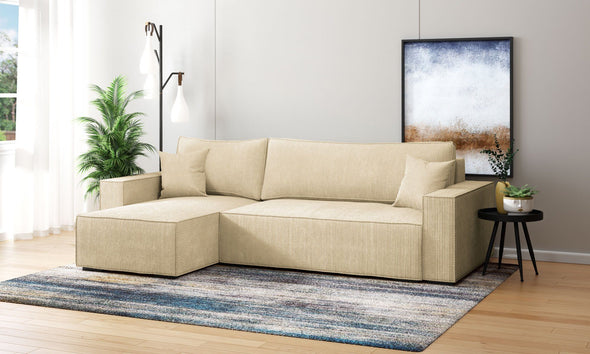 Coltar extensibil cu depozitare Winton din velur bej reversibil, 253x154 cm - LunaHome.ro