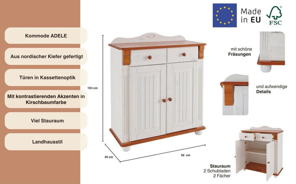 Comoda Adele din lemn de pin alb cu 2 usi 92 cm - LunaHome.ro