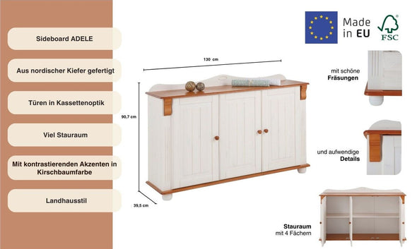 Comoda Adele din lemn de pin alb cu 3 usi 130 cm - LunaHome.ro