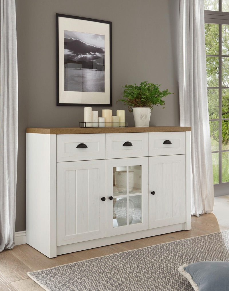 Comoda Beauvais alba cu aspect de lemn, 130 cm latime - LunaHome.ro