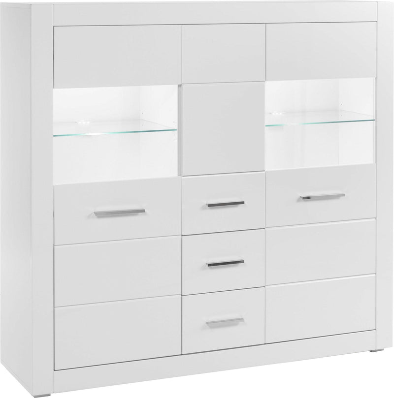 Comoda Bianco albă cu fronturi lucioase, 149 cm latime - LunaHome.ro