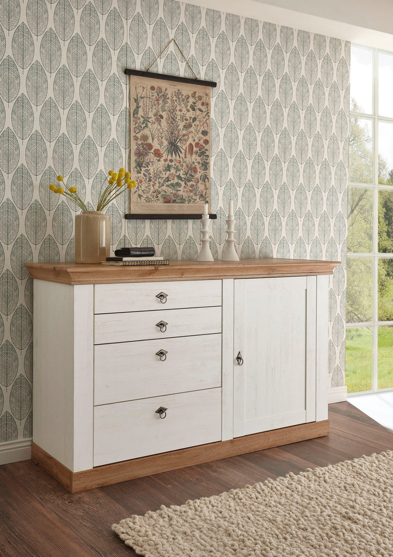 Comoda Cremona alba cu aspect de lemn, 144 cm lungime - LunaHome.ro