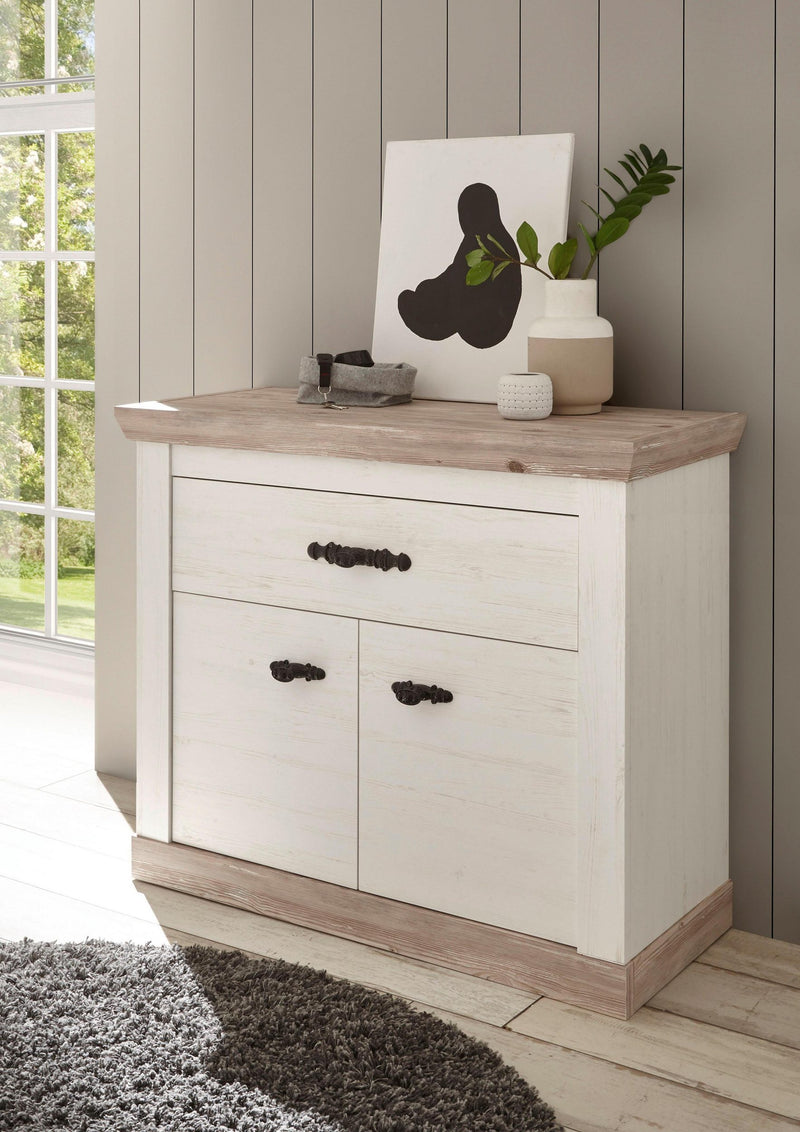 Comoda Florenz alba cu aspect de lemn, 2 usi, 107 cm latime - LunaHome.ro