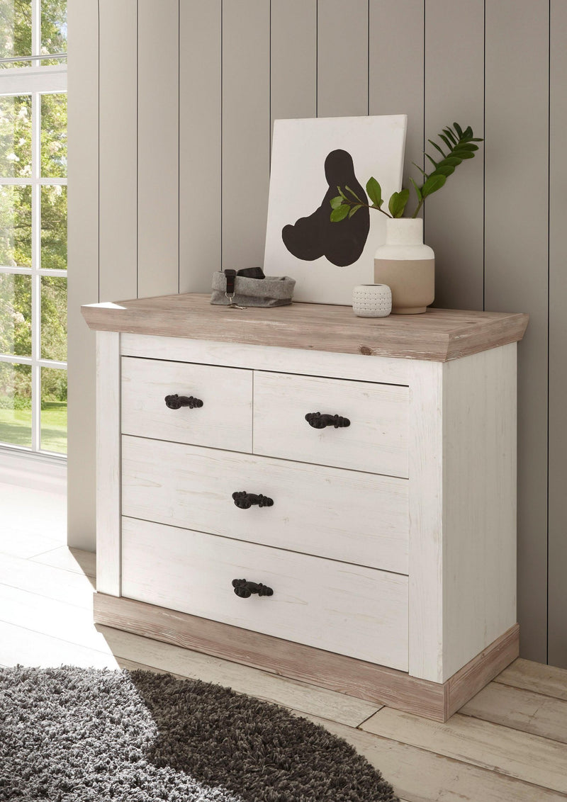 Comoda Florenz alba cu aspect de lemn, 4 sertare, 107 cm latime - LunaHome.ro