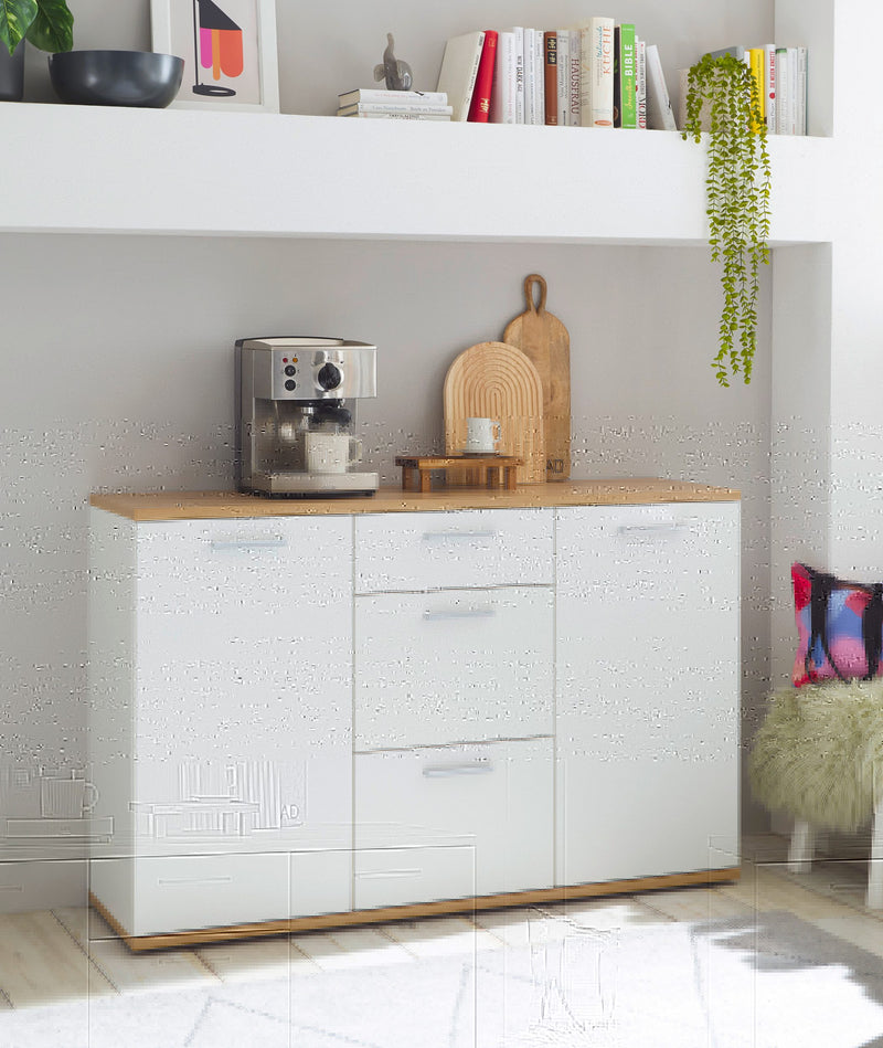 Comoda HBZ moderna alb mat cu detalii aspect lemn 135 cm - LunaHome.ro