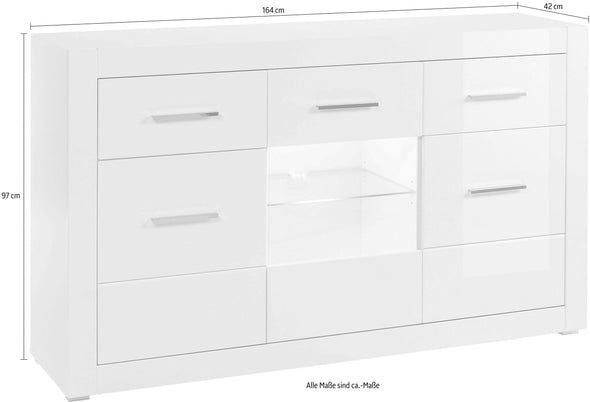 Comodă Inosign alb lucios cu 3 uși și 2 sertare 164 cm