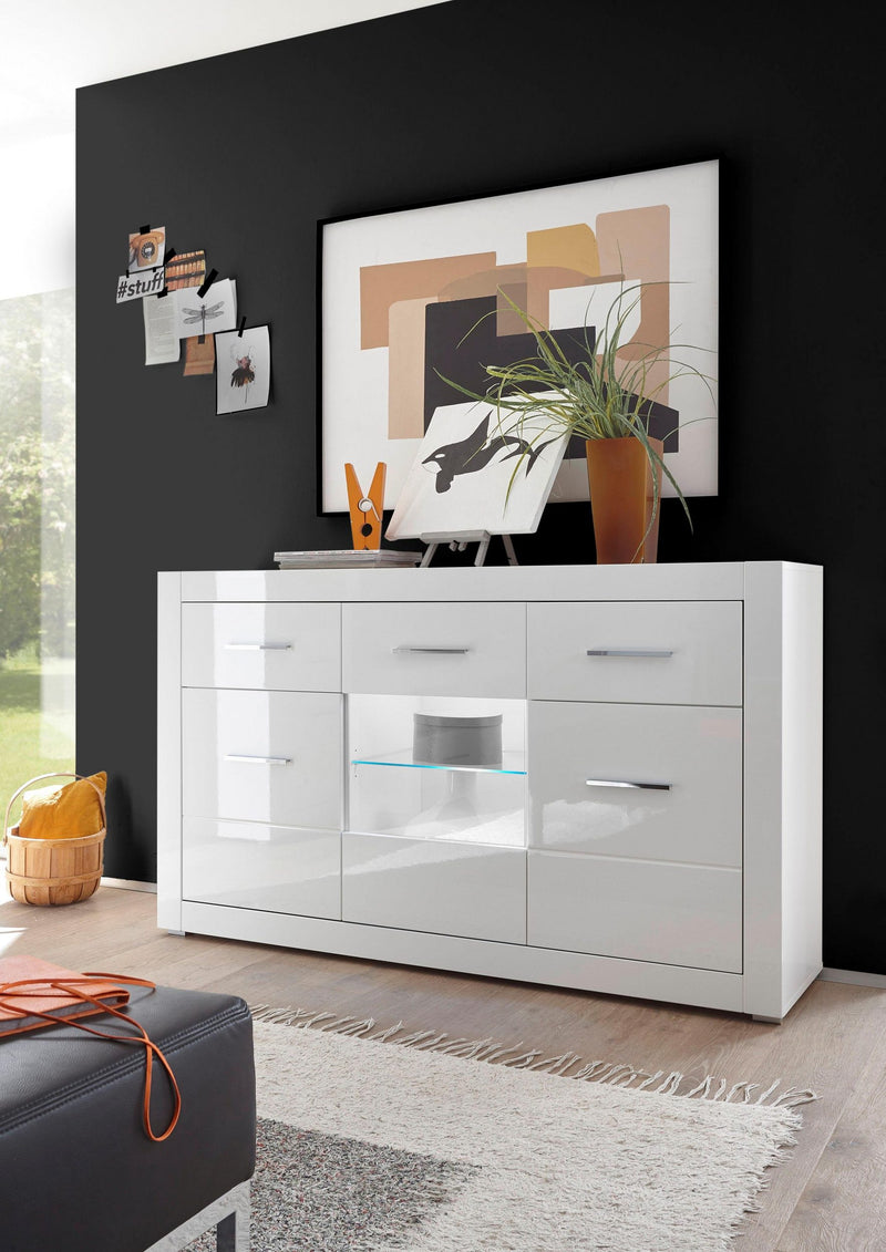 Comodă Inosign alb lucios cu 3 uși și 2 sertare 164 cm - LunaHome.ro