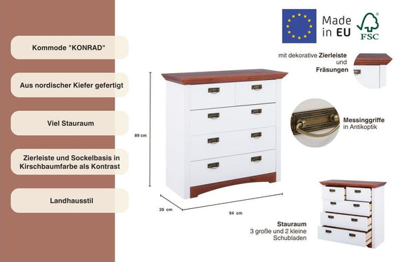 Comoda Konrad din lemn de pin alb rustic 94 cm - LunaHome.ro