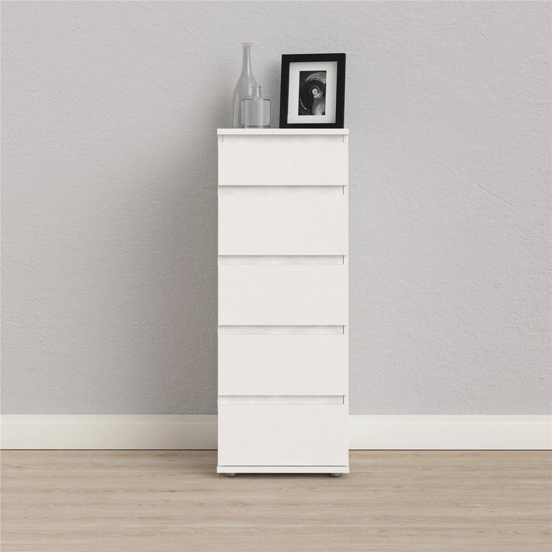 Comodă Nova albă cu 5 sertare, design minimalist 40 cm lățime - LunaHome.ro