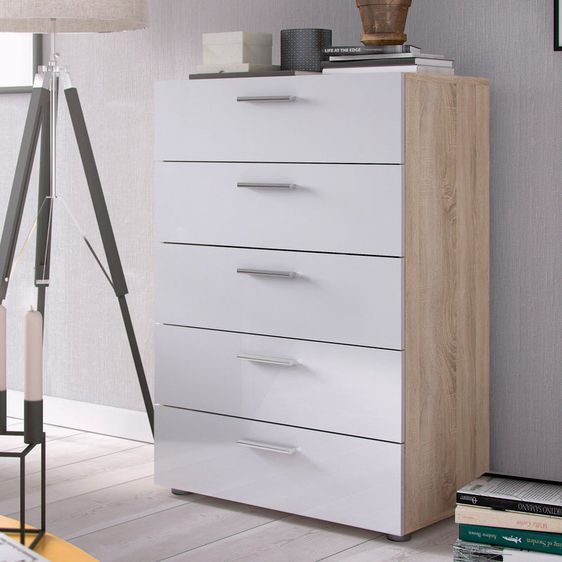 Comoda Pepe alb lucios cu 5 sertare 70 cm lățime - LunaHome.ro