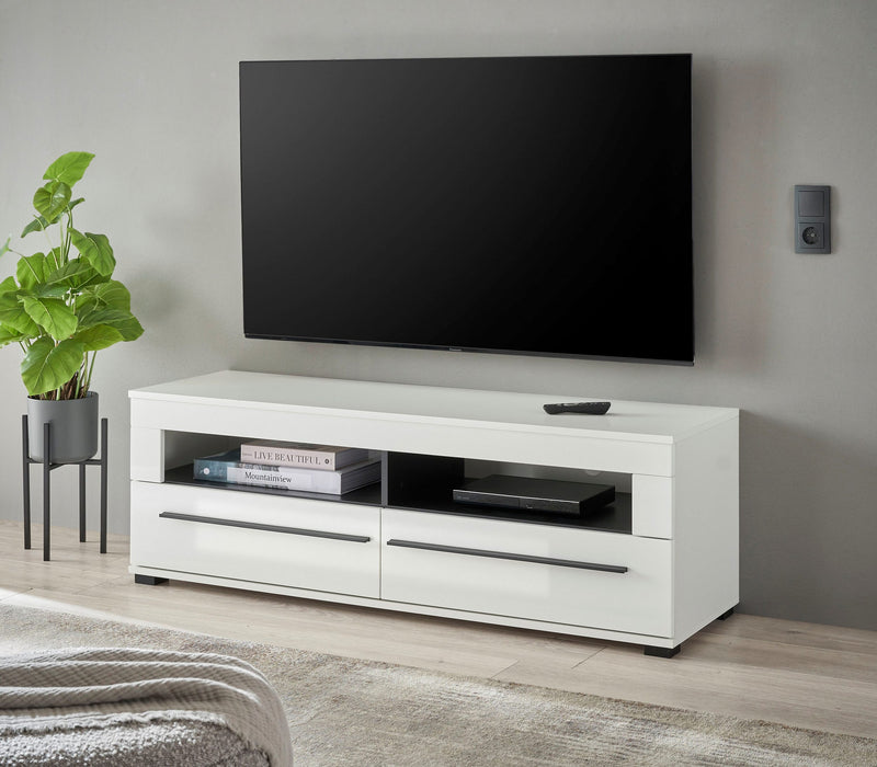 Comoda TV Cantara cu fronturi alb lucios 140 cm latime