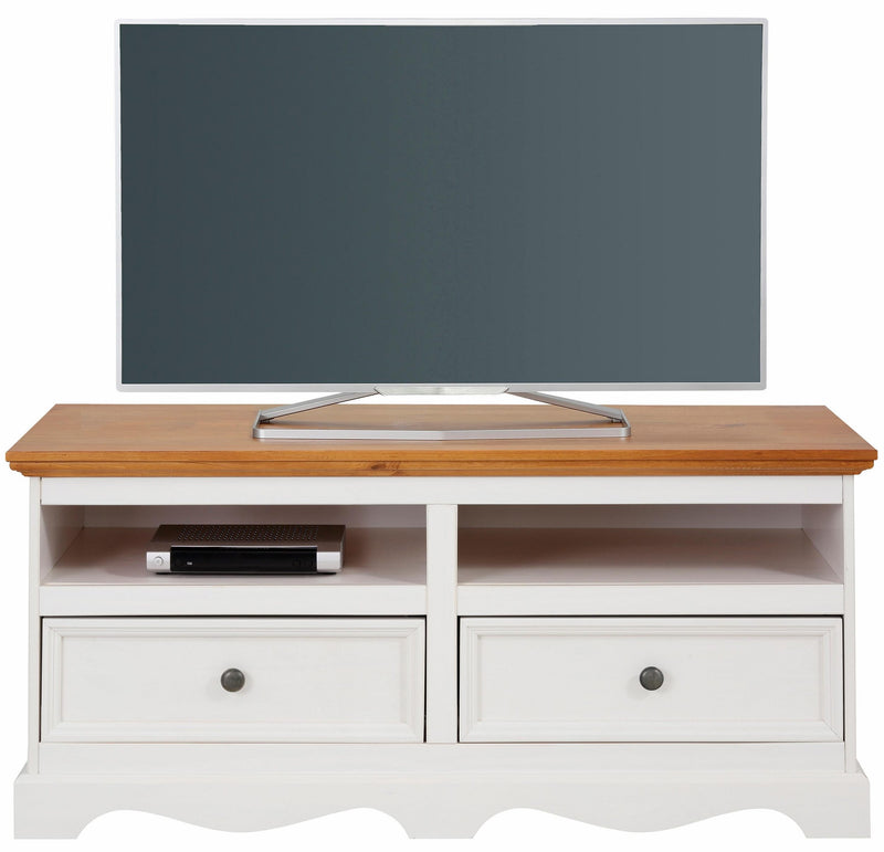 Comodă TV Melissa din lemn de pin alb rustic, 120 cm lungime - LunaHome.ro