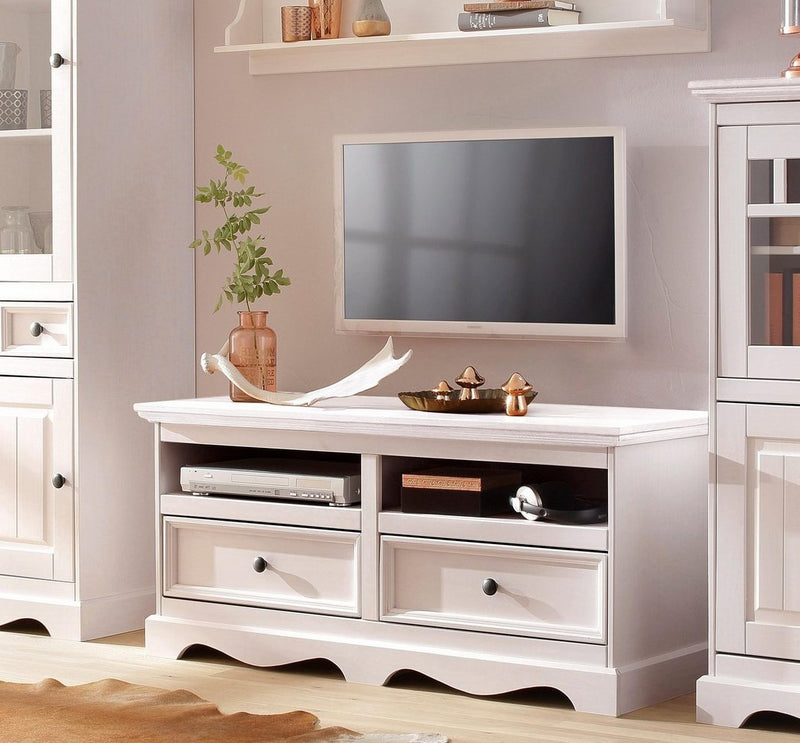 Comodă TV Melissa din lemn de pin alb rustic, 120 cm lungime - LunaHome.ro