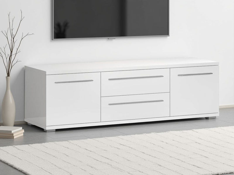 Comoda TV Piano alb lucios cu 2 usi si sertare 150 cm lățime - LunaHome.ro