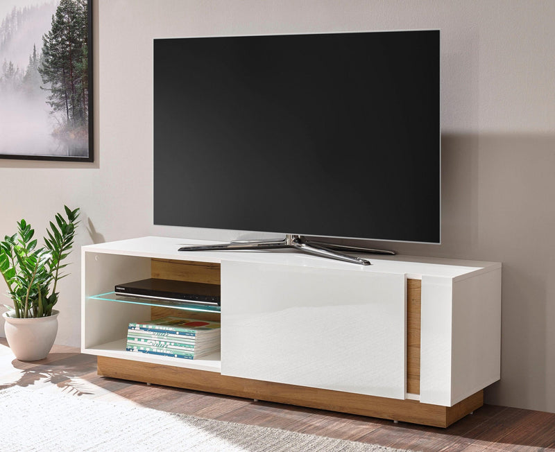 Comoda Tv Clair alb lucios cu design modern 138 cm - LunaHome.ro