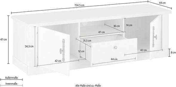 Comodă Tv Ravenna albă în stil romantic, 155 cm lungime - LunaHome.ro