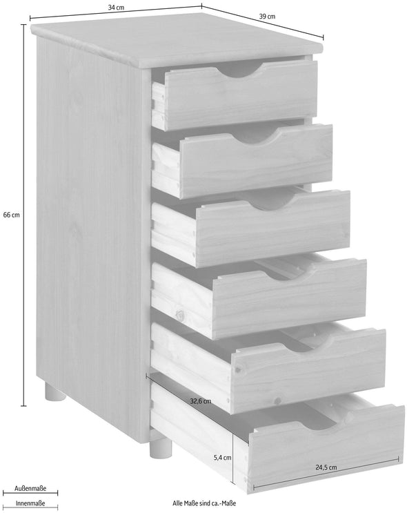 Comoda »Gava« din lemn masiv de pin cu 6 sertare, lățime 39 cm - LunaHome.ro