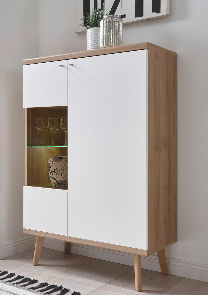 Comoda »Merle« alba în design scandinav, picioare din lemn, lățime 107 cm - LunaHome.ro